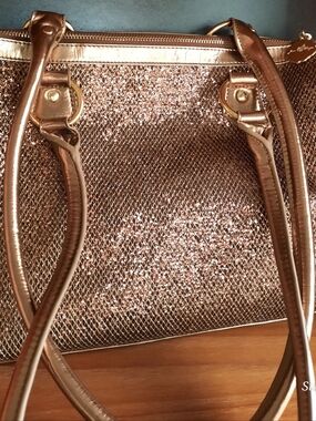 JOAN BOYCE Sparkling Rose Gold Shoulder Bag 13"x 9"x 5", Zipper